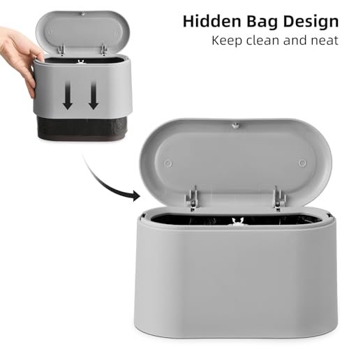Image of SUBEKYU 0.5 Gal Mini Countertop Trash Can with Lid for Desktop, Small Garbage Can for Office, Tiny Wastebasket, Plastic, Light Grey