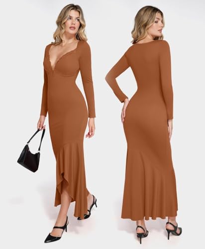 Image of Popilush Long Sleeve Cocktail Dress for Women Shapewear Tummy Control Party Dresses Deep V Neck Lace Mermaid Maxi Dress