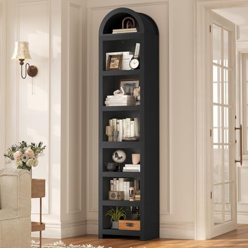 UPOSOJA 76' Tall Narrow Arched Bookcase,7-Teir Mid-Century Modern Bookshelf,Adjustable Shelves offering More Storage Space for Living Room,Kitchen,Home Office,Black