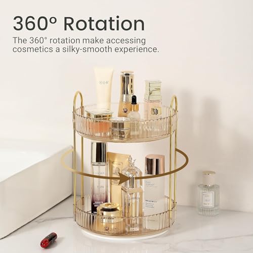 Large Rotating Makeup Organizer - 2 Tier Amber Gold Storage - Image 2