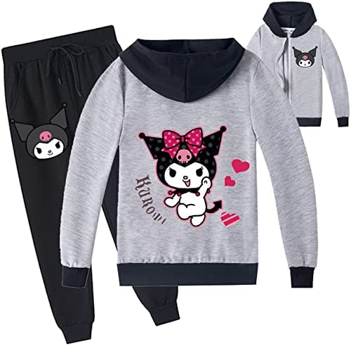 GD-Clothes Girls 2 Piece Tracksuit Outfits-Kuromi Zip Up Hooded Sweatshirt and Long Pants Set-Anime Sweatsuit for Kids