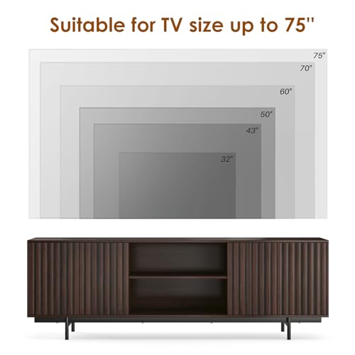 Soohow Mid Century Modern TV Stand for TVs Up to 75\", Farmhouse Fluted TV Stand, Retro Wood TV Stand with Storage and Shelf, Entertainment Center with Pop-Up Doors for Living Room, Bedroom, Walnut - Thumbnail 5