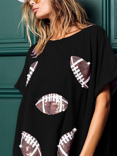 Womens Sparkle Football Sequin Rugby Tee Game Day Pullover T-Shirt Crewneck Oversized Short Sleeve Washed Tops3