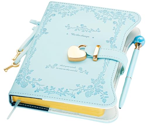 UODERS Tagebuch mit Schloss für Mädchen 360 Goldschnitt-Seiten nachfüllbar im B6-Format inkl. Stift und Lesezeichen-Hellblau