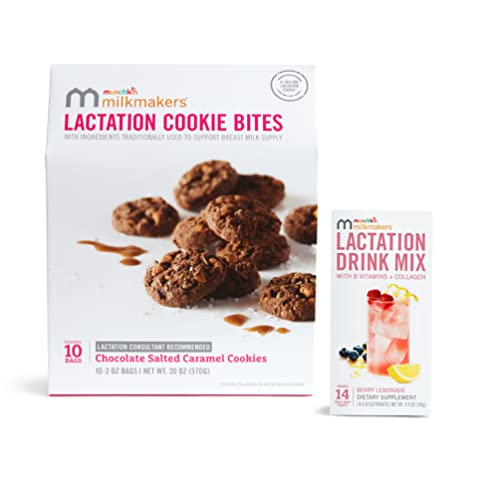 Image of Munchkin® Milkmakers® 10pk Lactation Cookie Bites, Chocolate Salted Caramel and 14pk Lactation Drink Mix Supplement, Berry Lemonade
