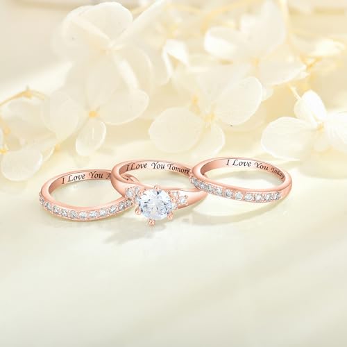 18K White/Rose Gold Plated Wedding Rings for Women 7MM Cubic Zirconia Rings Three-in-One Engagement Ring Set Bridal Promise Wedding Band Size 5-104
