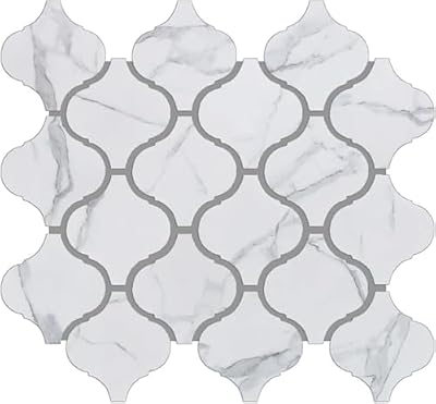 3 Inch Arabesque Pattern Glazed Porcelain Mosaic Wall Floor Tile with Carrara White Grey Marble Look for Flooring, Kitchen Backsplash, Bathroom Shower (5 Sheets)