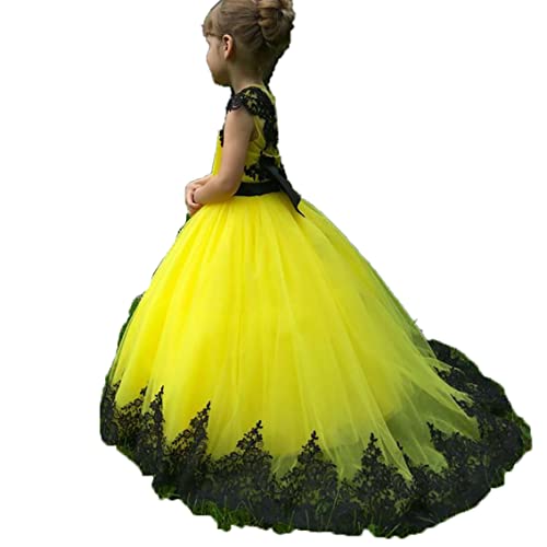 Yellow and Black Girls Pageant Dress Long Train Kids Prom Ball Gowns for Toddlers