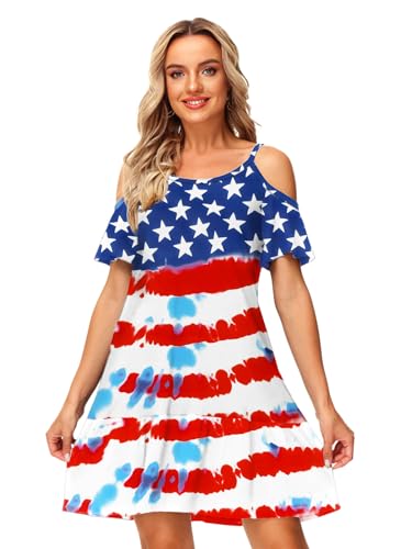 Image of Deerose Womens 4th of July Dresses Cold Shoulder American Flag Tie Dye A-Line Dress with Pockets