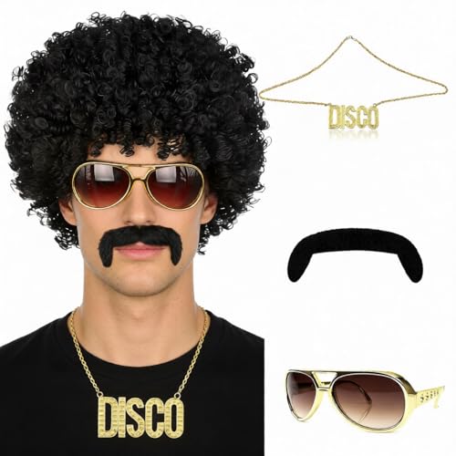 XINSUO 4er Set Afro Perücke Herren 70er 80er Jahre Outfit Herren Disco Hippie Perücke für Halloween Karneval Kostüm