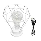 Lámpara de cabecera de forma de diamante estilo nórdico Lámpara de mesa de alambre de hierro decorativa de metal noche funciona con pilas para dormitorio sala de estar (blanco)