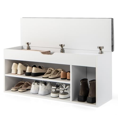 GIANTEX Schuhbank mit Sitzkissen, Schuhtruhe Sitzbank mit Stauraum, 3 Fächer, 2 Stufen, Schuhschrank aufklappbar mit Klappdeckel für Flur Wohnzimmer Schlafzimmer 104x30x48 cm (Weiß+Grau)