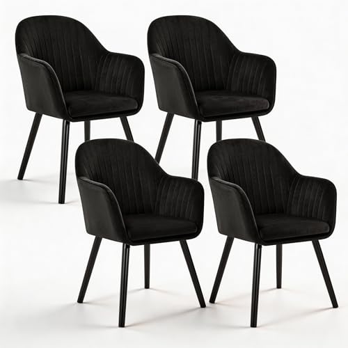 WOLTU Esszimmerstühle 4er Set, für Schlafzimmer Küche Wohnzimmer, Küchenstühle gepolstert mit Armlehne, Massivholzbeinen, Sitzfläche aus Samt, Schwarz