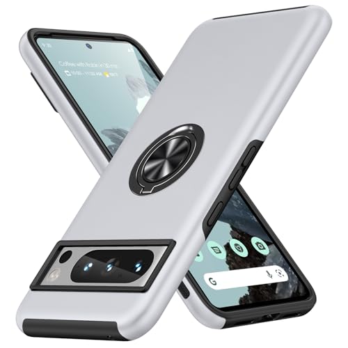 AOUIA für Google Pixel 8 Pro Hülle mit 360° Drehbarer Ring Ständer, Militärischer Stoßschutz Pixel 8 Pro Hülle Handyhülle für Google Pixel 8 pro, Silber
