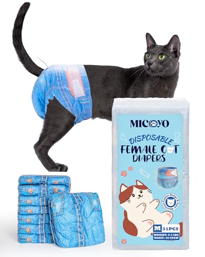 Image of MICOOYO Disposable Cat Diapers, Cat Diapers for Female Cats with Ultra Stretchy, Puppy Diaper Super Absorbent, Fit for Cats in Heat or Incontinence, 51 Count Medium Size