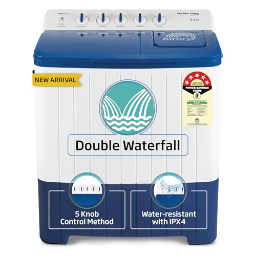 Voltas Beko, A Tata Product 8.5 Kg 5 Star Semi-Automatic Top Loading Washing Machine (WTT85UHA/OK5I0I0W01, Blue, Air Dry & Pulsator wash technology)