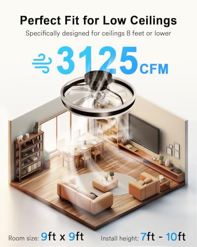 Image of Lumary Smart WiFi Ceiling Fans with Lights, Low Profile Flush Mount Black