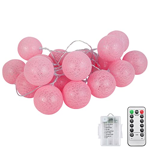 Livired Guirlande Lumineuse LED Pile, 3M 20LEDs Coton Boules Chambre Veilleuse avec Télécommande 8 Programme, pour Chambre, Noel Sapin, Mariage, Halloween, Interieur Décoration(Rose) Cover