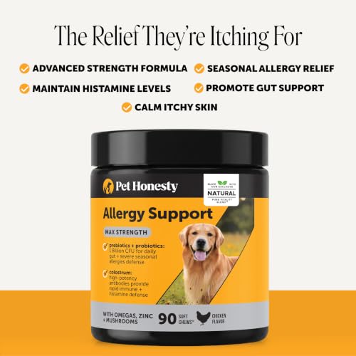 Image of Pet Honesty Max Strength Dog Allergy Chews - Extra Strength Itch Relief - Paw Chewing, Licking & Scratching - Severe Seasonal Allergies Support with Colostrum, Zinc & Mushrooms (Chicken, 90 Ct)