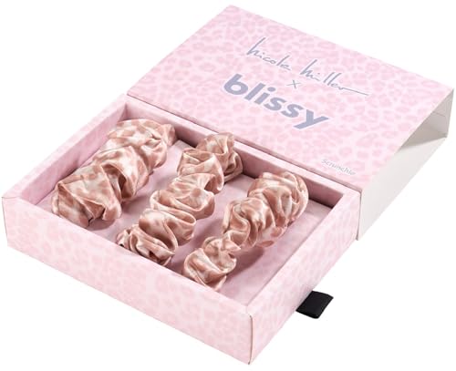 Image of Blissy Silk Scrunchies (3 Pack) - 100% Pure Mulberry Silk - 22 Momme 6A High-Grade Fibers Scrunchie for Straight & Curly Hair (Nicole Miller - Mauve Cheetah, Regular)