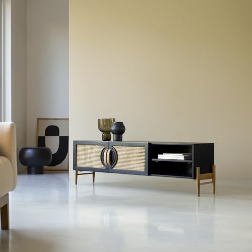 Image of Premium Solid Wood, 10 Minutes Assembly (Legs Only), Aesthetic Rattan Doors, Mid Century Entertainment Center for Living Room, TV Stand for 65 inch TV, Dark Chocolate (Black Unique)
