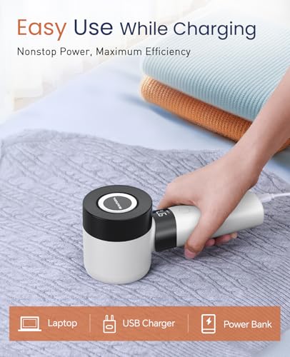 Image of BEAUTURAL Fabric Shaver and Lint Remover, Rechargeable Electric Sweater Shaver with 3 Speeds, 6 Leaf Blades and LED Display, Portable Pilling Remover for Clothes, Furniture, Blankets, White
