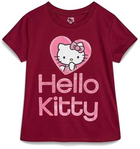 Hello Kitty Girls Shirts - Short Sleeve Cute Casual Crewneck Graphic Tees Shirts for Girls Tops T-Shirt (Sizes: 4-12), Size 12, Burgundy Hello Kitty
