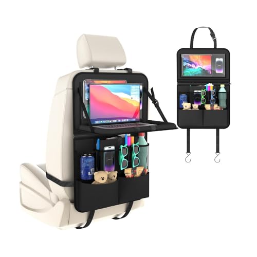 サムコス 車用収納ポケット 車 シートバックポケット 防水 防汚 耐摩耗 小物収納 車内整理 取り付け簡単 後部座席 展開可能な小テーブル タブレットホルダー付き (ブラック, 1本セット)