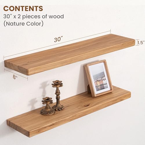 Image of Floating Shelves for Wall, 30 inchWx8 inchD Rustic Solid Elm Wood Floating Shelves Wall Mounted, Round Edge Wall Shelves with Invisible Bracket for Living Room Bathroom Bedroom Kitchen, Set of 2, Natural