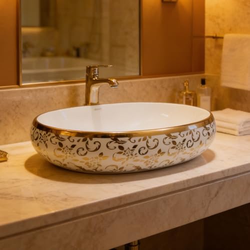 Image of Wallace Designer Oval Table Top Wash Basin White & Gold 60x40x15 cm | Premium Ceramic Countertop Vessel Sink with Floral Pattern | Luxury Over Counter Bathroom Basin