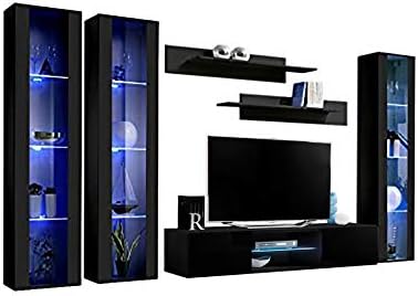 Meble Furniture Fly CD2 33TV Stand Wall-Mounted Entertainment Center — Storage Shelves LED Lights — Floating Modern TV Console, 65.7 x 15.7 x 11.8 inches — Black