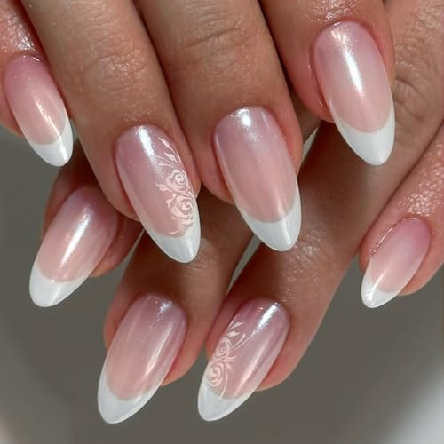 Image of Almond Press on Nails White French Tip Fake Nails Flower Glue on Nail Press ons with Rose Design Glossy Full Cover Valentines Stick on Nail for Women Manicure 24Pcs