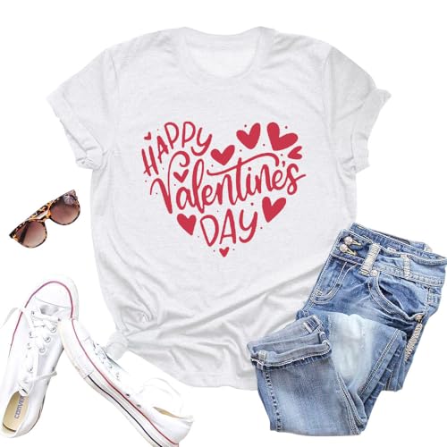 Image of Aluvee Womens Valentines Day Shirt Happy Valentine Love Heart Print Tee Cute Girls Valentines Gift Top White B, X-Large