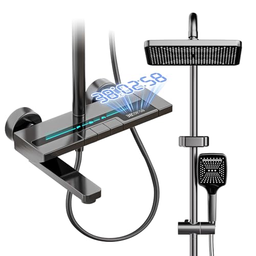 YJYAJIE Colonna Doccia con Miscelatore, Set Doccia con Soffione e Doccetta Quadrato, Getto, Display a LED, Rubinetto Vasca da Bagno, Altezza Regolabile