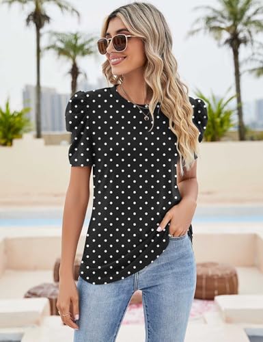 IECCP Blusa Mujer Verano Camisetas Puff Encaje Manga Corta 2025 Verano Tops Mujer Cuello Redondo Casual Túnica Camiseta Elegante, Lunares negros, XXL