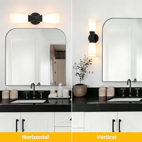 Image of Bathroom Wall Sconce, Modern Indoor Vanity Light Fixtures 17 inch, Up Down Lighting, Wall Mount Lamp for Living Room Bedroom Hallway Stairway Fireplace Mirror E26 Base 1PC White&Black