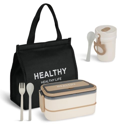 Mulaibdin Bento Box - Adults/Kids Lunch Box with Compartments & Cutlery, Insulated Lunch Bag, Leak Proof & Microwave Safe (Stackable/1400ml)