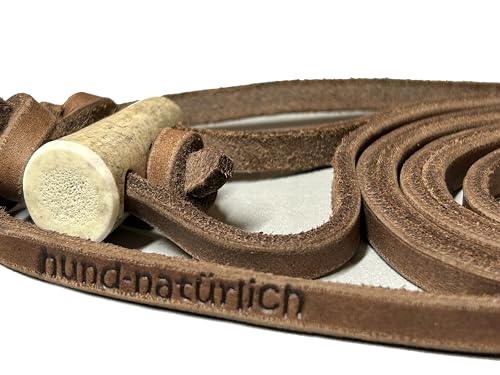 Lautlose Jagdleine aus Fettleder mit hochwertigen Horn Riemenführungen braun mit Kehlkopfschutz
