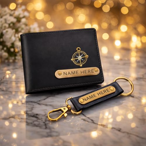 Image of Premium Customized Wallet & Keychain Combo for Men - Stylish Nexon Leather Gift Set with Personalized Name & Charm - Ideal Birthday, Anniversary & Festival Present (Black)