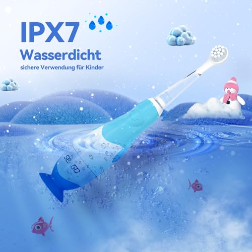 Seago Elektrische Zahnbürste Kinder Baby Zahnbürste ab 0 1 2 3 Jahr, mit LED Licht, Runder Weich Ersatzbürsten, Elektrische Zahnbürste Baby,2 Minuten Smart Timer, Wasserdicht IPX7,SG513(Blau) – Bild 7