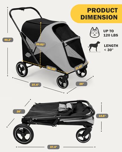 Image of Dog Stroller for Large & Medium Dogs, 4 Wheels Pet Stroller for Large Dogs up to 120lbs, Extra Large Dog Stroller with Foldable Design, Sun Shades, Storage Pocket, Breathable Mesh
