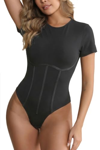 IOZLLK Womens Slim-Fit Cotton T-Shirt Bodysuit with Extender Included Thong Back Short Sleeve Crew Neck Corset Top (Black L)