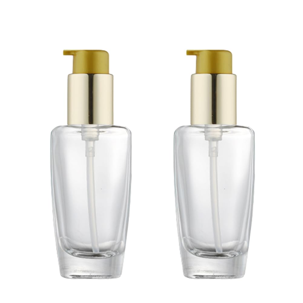 2Pcs 50ml/1.7oz Empty Clear Glass Lotion Pump Bottle with Gold Pump Top Portable Essential Oil Pump Dispensers Jars Vials Hair Conditioner Container for Makeup Emulsion Toner