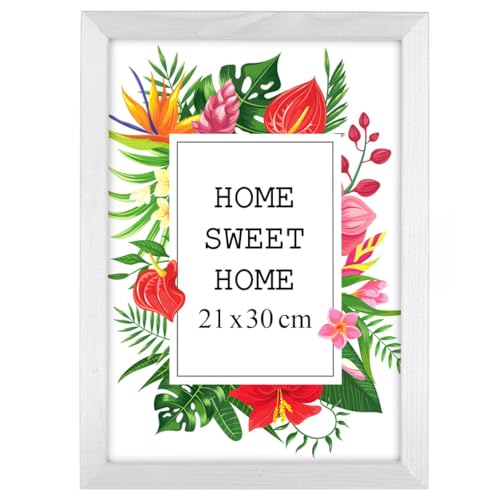 MG Design Cornice 21x30 cm - colore Bianco, in legno, con vetro acrilico - da appendere in verticale o in orizzontale, senza sfondo, per foto, poster, puzzle