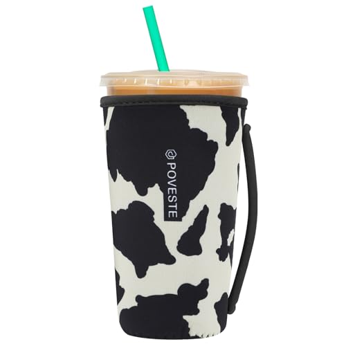 Image of Reusable Neoprene Insulator Sleeve for Iced Coffee & Cold Soda, Coffee Sleeves for Iced & Hot Drinks, Cold Beverage Cooler Compatible with Starbucks, Dunkin (Cow Print, Large: 32oz)
