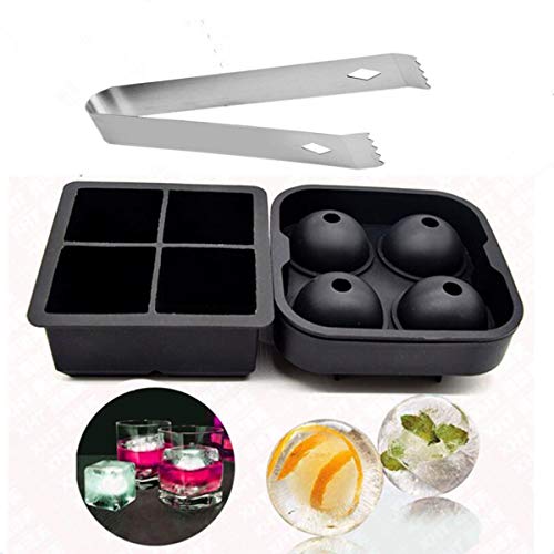 Eiswürfelformen, flexible Silikonkugel für Whiskey und 4 große quadratische Eiswürfelformen für Whiskey, Cocktails oder Babynahrung, wiederverwendbar, BPA-frei, 2er-Set mit Eiszange Cover