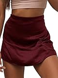LYANER Women's Casual Satin Silk High Waist Zipper Mini Short Skirt Solid Burgundy#1 Medium