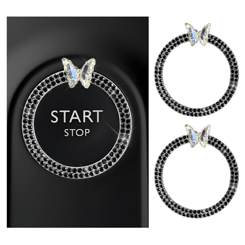 Image of DXNQ 2PCS Bling Ring Emblem, Sparkling Butterfly Car Buttons and Knobs Ring, Girly Butterfly Diamond Car Engine Start Button Cover, Key Ignition Knob Rings Decoration for Women (Black, Double Row)