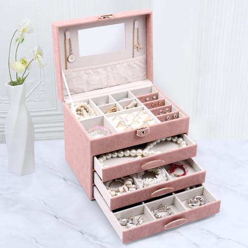 Image of BucketList Luxury PU Leather Jewellery Organizer Box with Mirror & Lock | 3 Drawer Jewelry Storage Case with Ring Rolls & Compartments (4 Drawers Jewelry Box with Mirror (Pink))