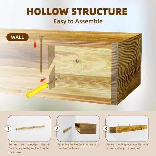 Donext 60" Fireplace Mantel, Rustic Fireplace Mantle Shelf with Invisible Brackets, Handcrafted Wood Floating Fireplace Mantel, Wall Mounted Fireplace Mantel Shelf for Living Room Decor, Caramel